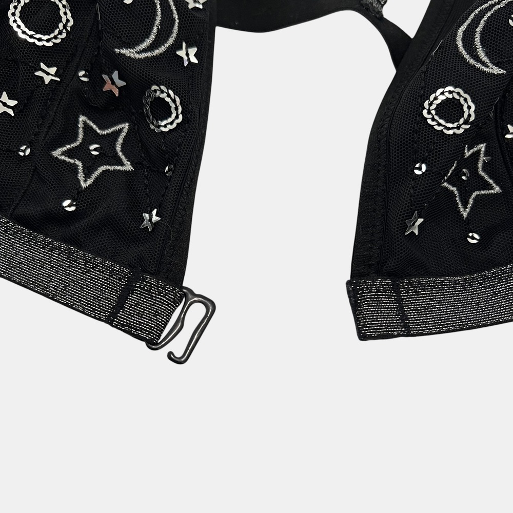 Victoria's Secret Celestial Bralette M Black Silver Embroidery Sequin Front Hook - Picture 6 of 8
